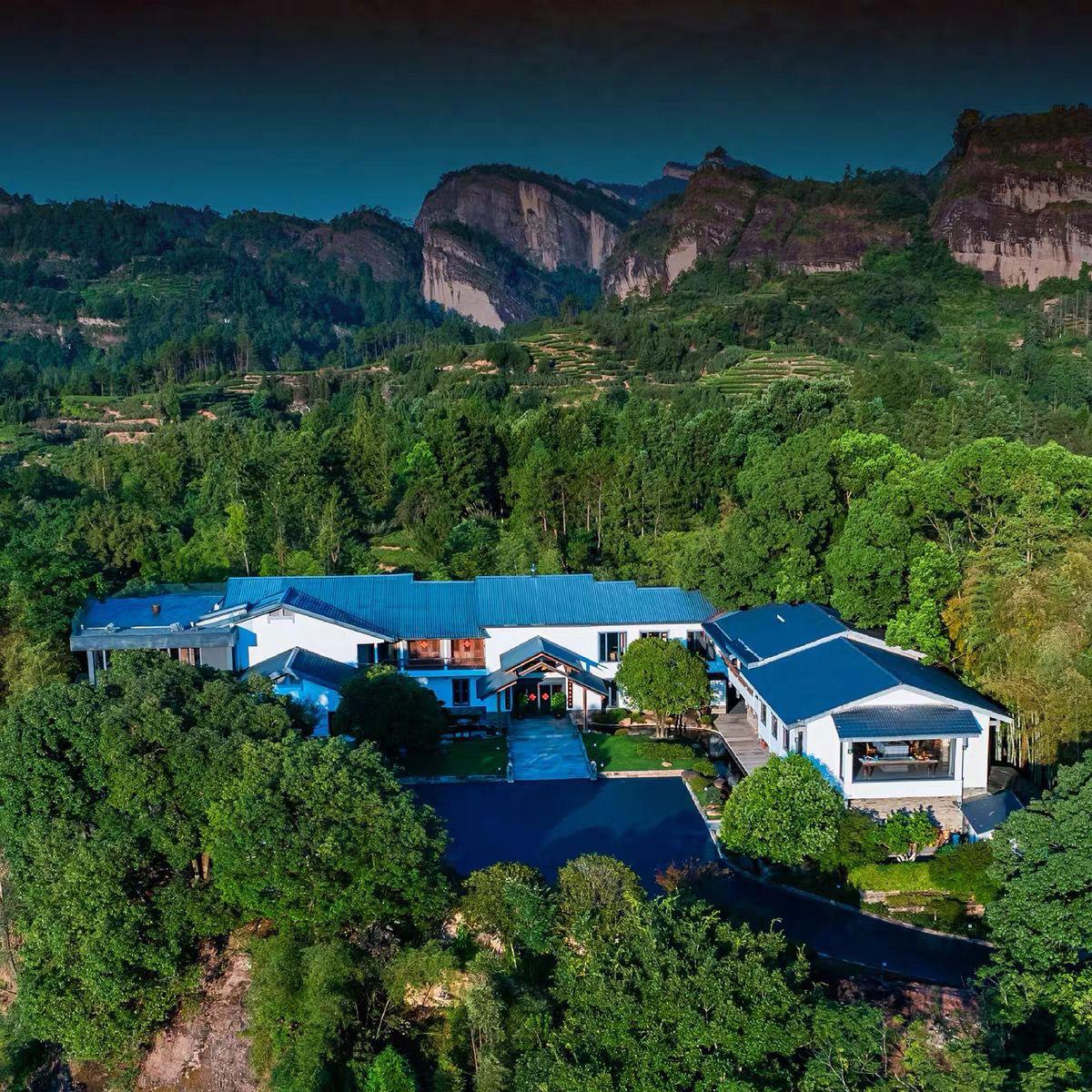 Misty Wuyi Mountain cliffs and tea origin landscape