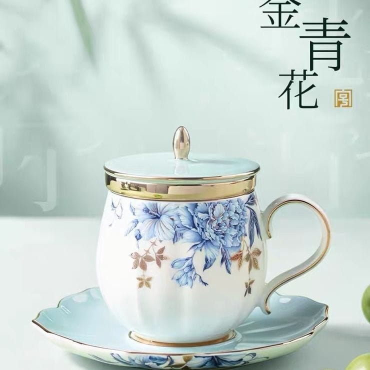 AURATIC Platinum Blue-and-White 3-Piece Lidded Tea Cup Set