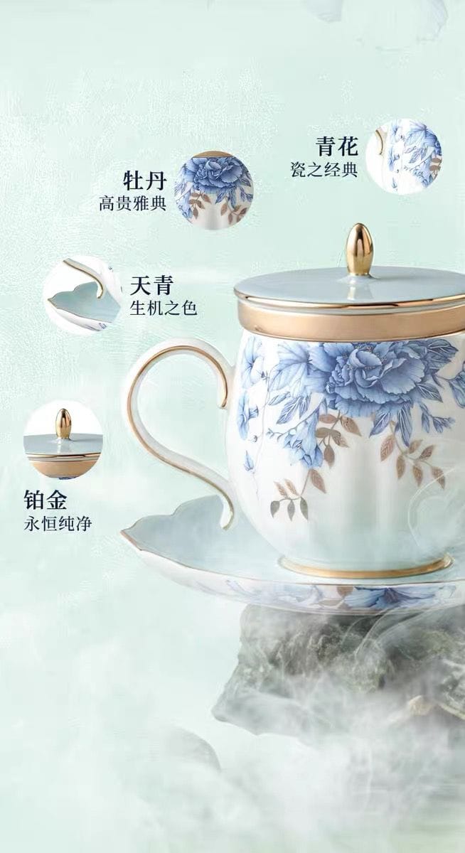 AURATIC Platinum Blue-and-White 3-Piece Lidded Tea Cup Set