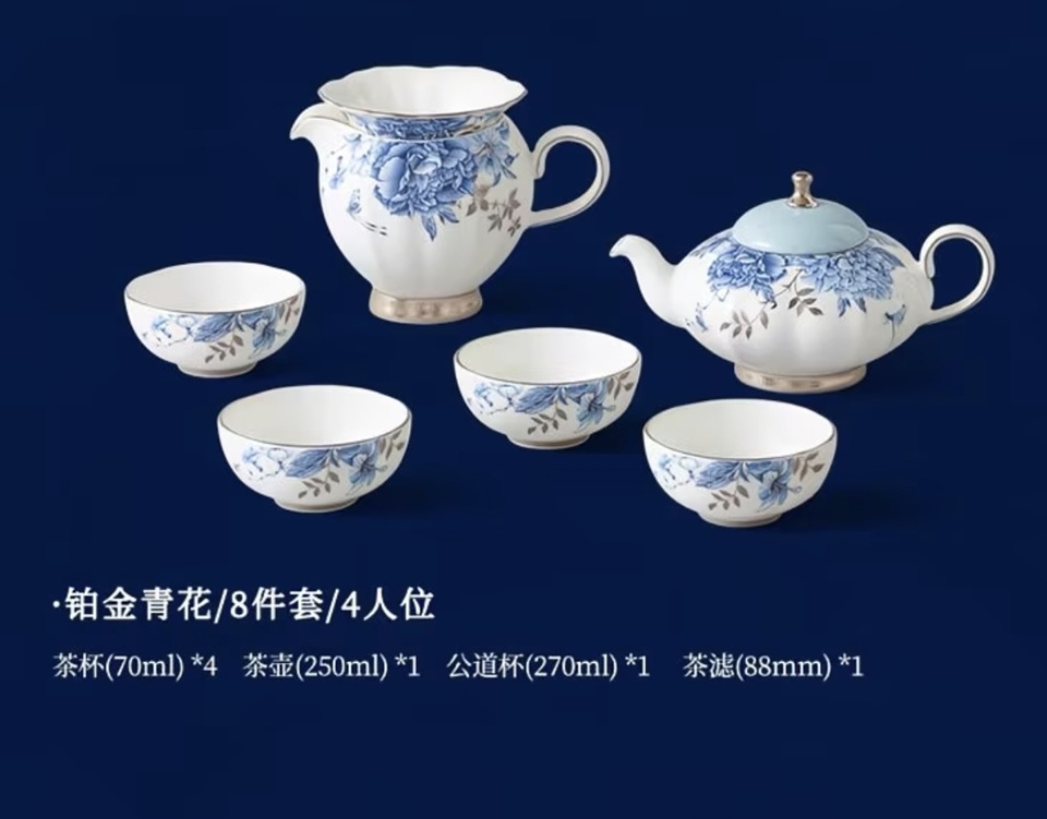 AURATIC Platinum Blue-and-White 8-Piece Tea Set